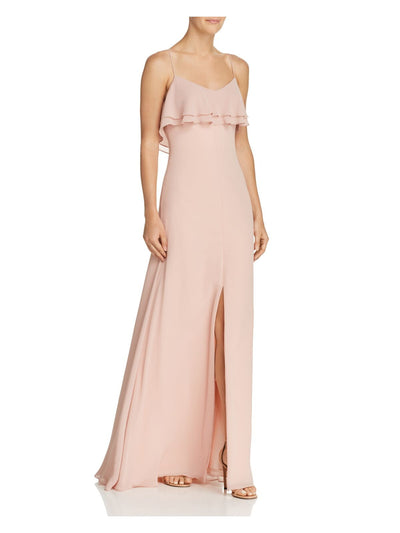 WATTERS & WATTERS Womens Pink Slitted Ruffled Spaghetti Strap Scoop Neck Full-Length Formal Fit + Flare Dress 8