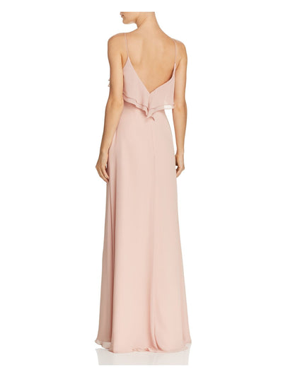 WATTERS & WATTERS Womens Beige Slitted Ruffled Spaghetti Strap Scoop Neck Full-Length Formal Fit + Flare Dress 6