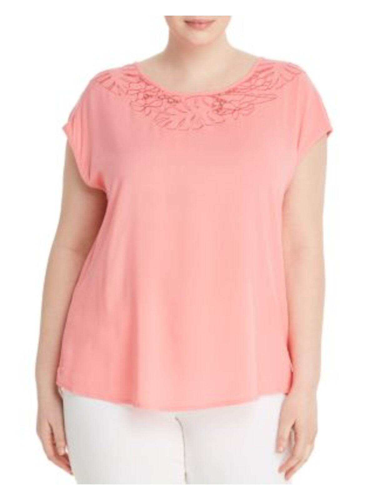 JUNAROSE Womens Pink Embroidered Cut Out Curved Hem Floral Short Sleeve Scoop Neck Top 24