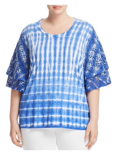 LOVE SCARLETT Womens Blue Stretch Tie Dye Scoop Neck Top Plus 1X