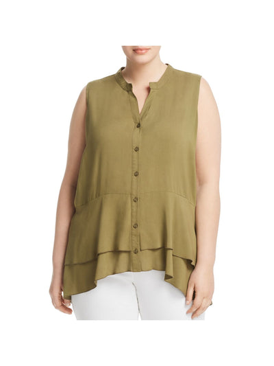 LOVE SCARLETT Womens Green Ruffled Button Down Hi-lo Hem Sleeveless Split Wear To Work Tiered Top Plus 2X