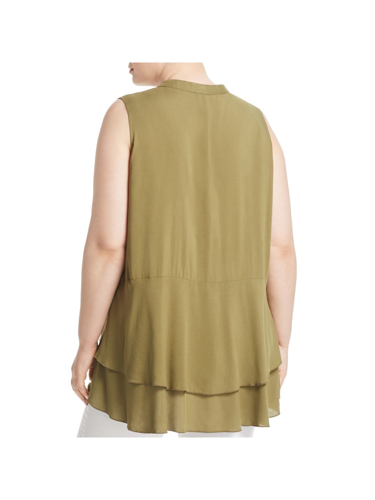 LOVE SCARLETT Womens Green Ruffled Button Down Hi-lo Hem Sleeveless Split Wear To Work Tiered Top Plus 2X