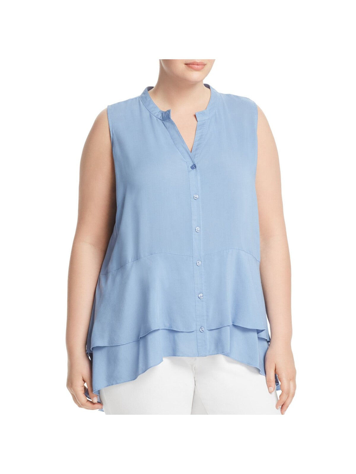 LOVE SCARLETT Womens Ruffled Button Down Hi-lo Hem Sleeveless Split Wear To Work Tiered Top