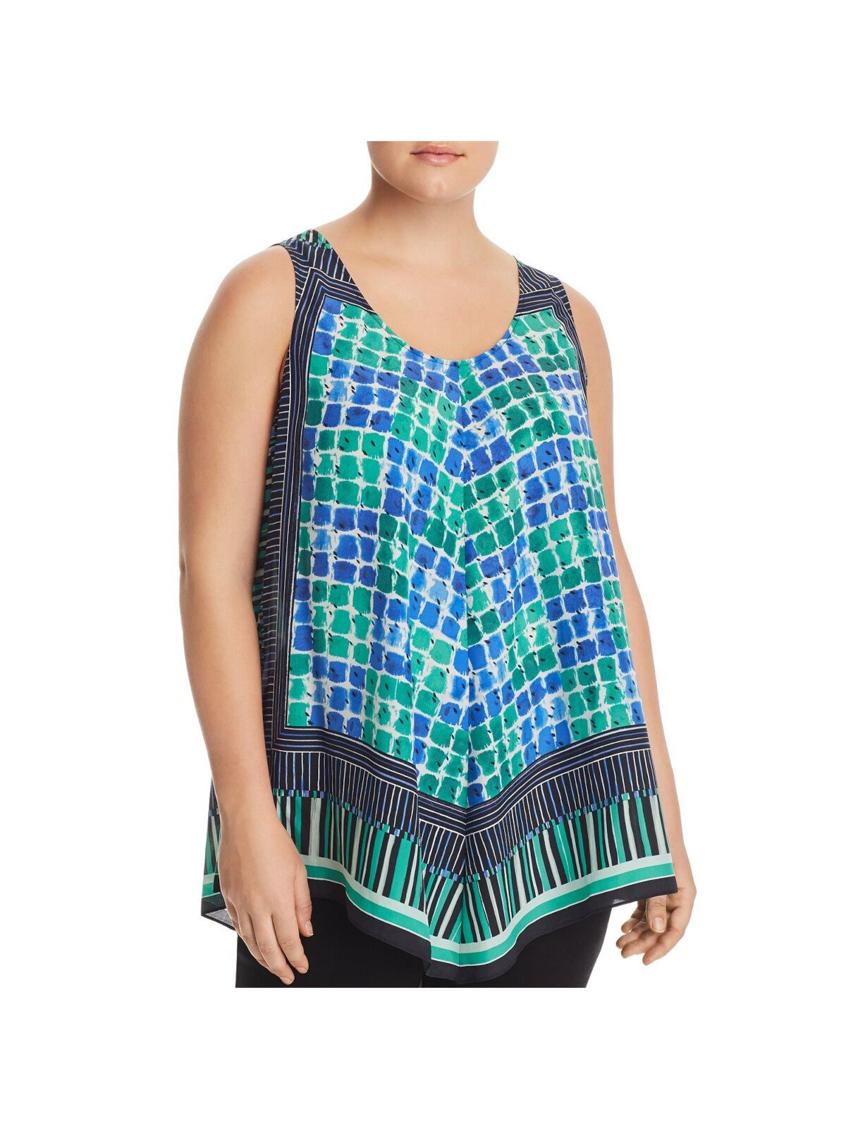 NIC+ZOE Womens Green Printed Sleeveless Scoop Neck Top Plus 2X