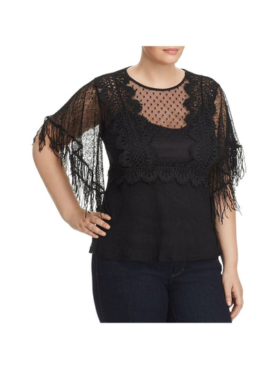 LOST INK Womens Black Mesh Lace Fringed Clip Dot Sheer Elbow Sleeve Crew Neck Evening Top Plus 2X