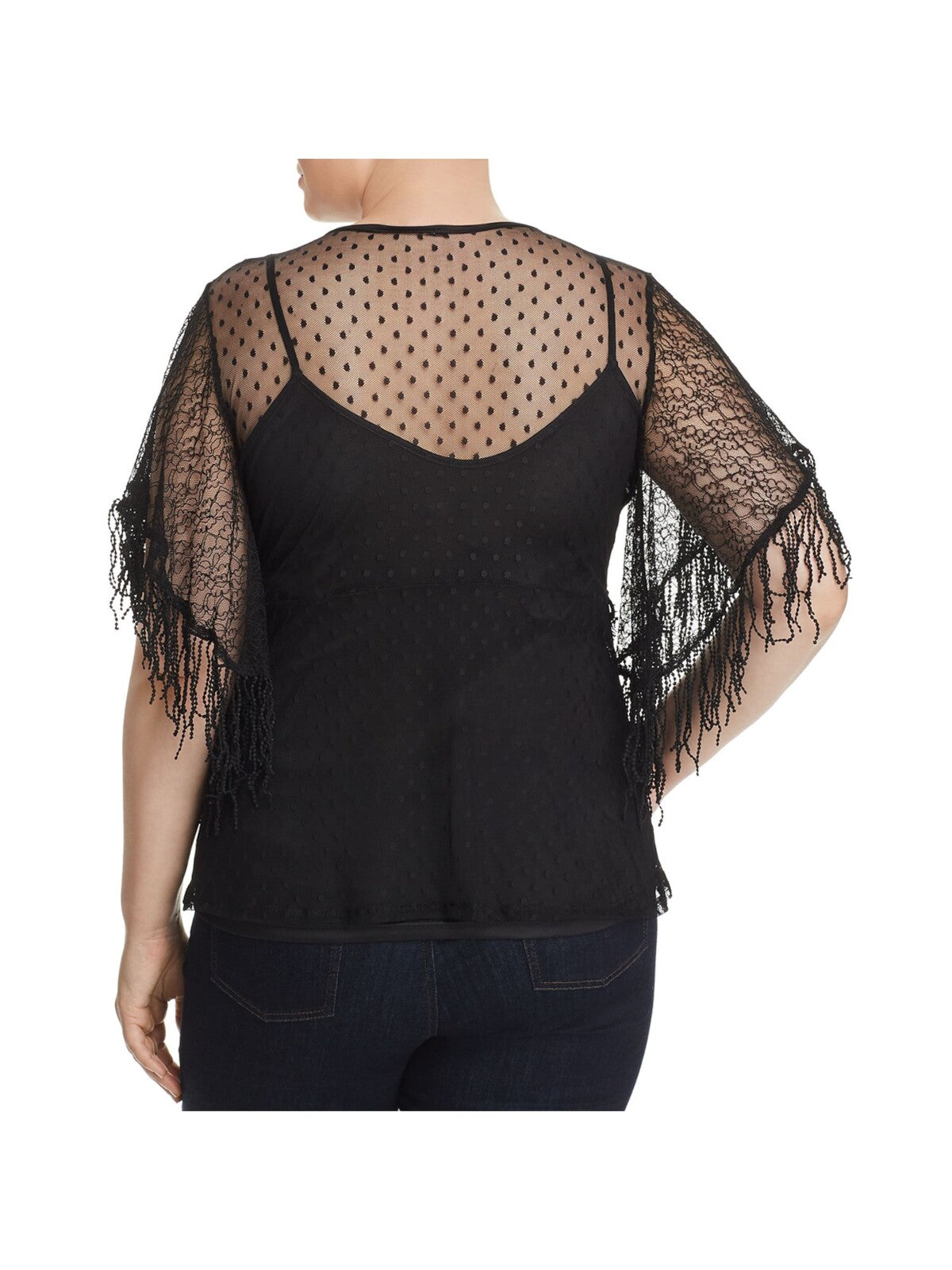 LOST INK Womens Black Mesh Lace Fringed Clip Dot Sheer Elbow Sleeve Crew Neck Evening Top Plus 2X