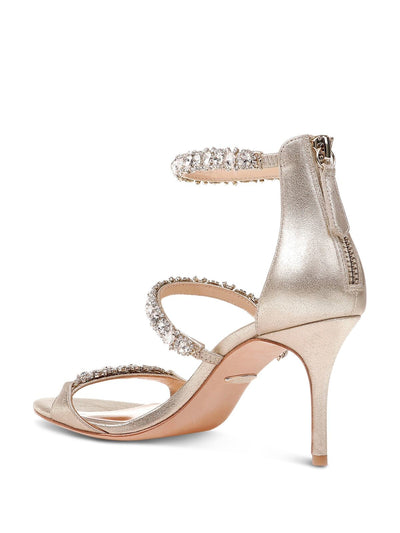 BADGLEY MISCHKA Womens Platino Beige Stretch Ankle Strap Rhinestone Metallic Yasmine Open Toe Stiletto Zip-Up Dress Sandals 9.5