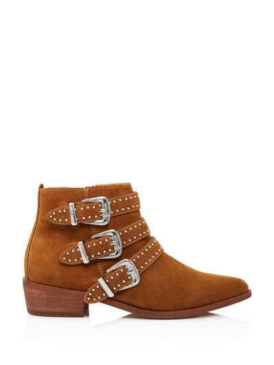 AQUA Womens Brown Studded Buckle Accent Blane Almond Toe Block Heel Zip-Up Leather Booties M