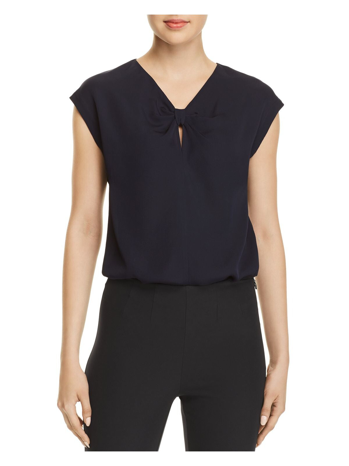 REBECCA TAYLOR Womens Navy Gathered Knot Accent Cap Sleeve Keyhole Blouse M