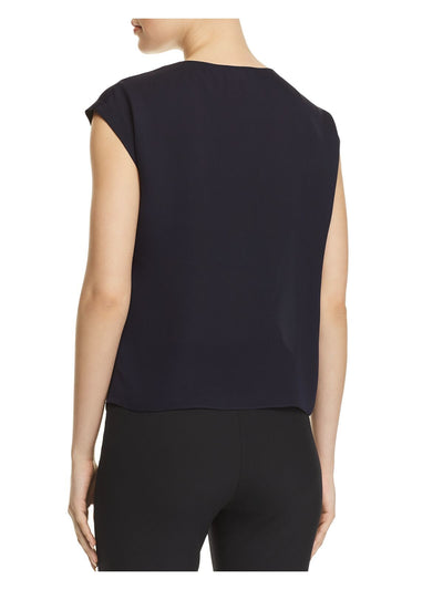 REBECCA TAYLOR Womens Navy Gathered Knot Accent Cap Sleeve Keyhole Blouse M