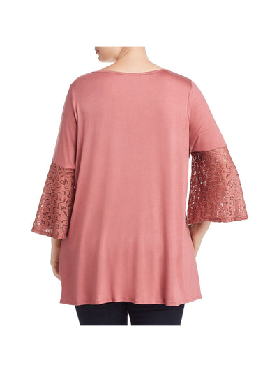 STATUS BY CHENAULT Womens Stretch Lace Pullover Styling Bell Sleeve V Neck Top