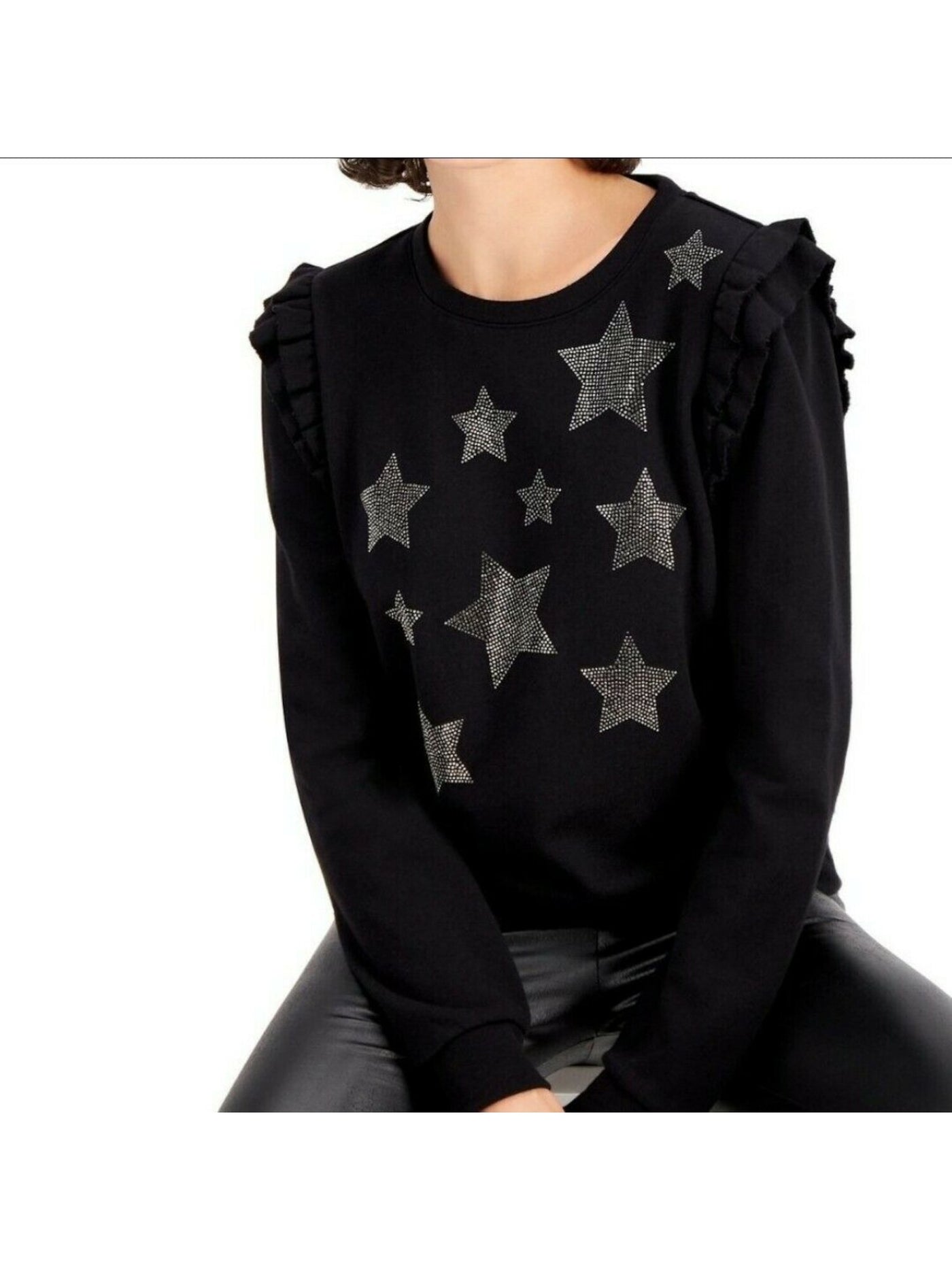 INC Womens Black Ruffled Embellished Stars Printed Long Sleeve Top S