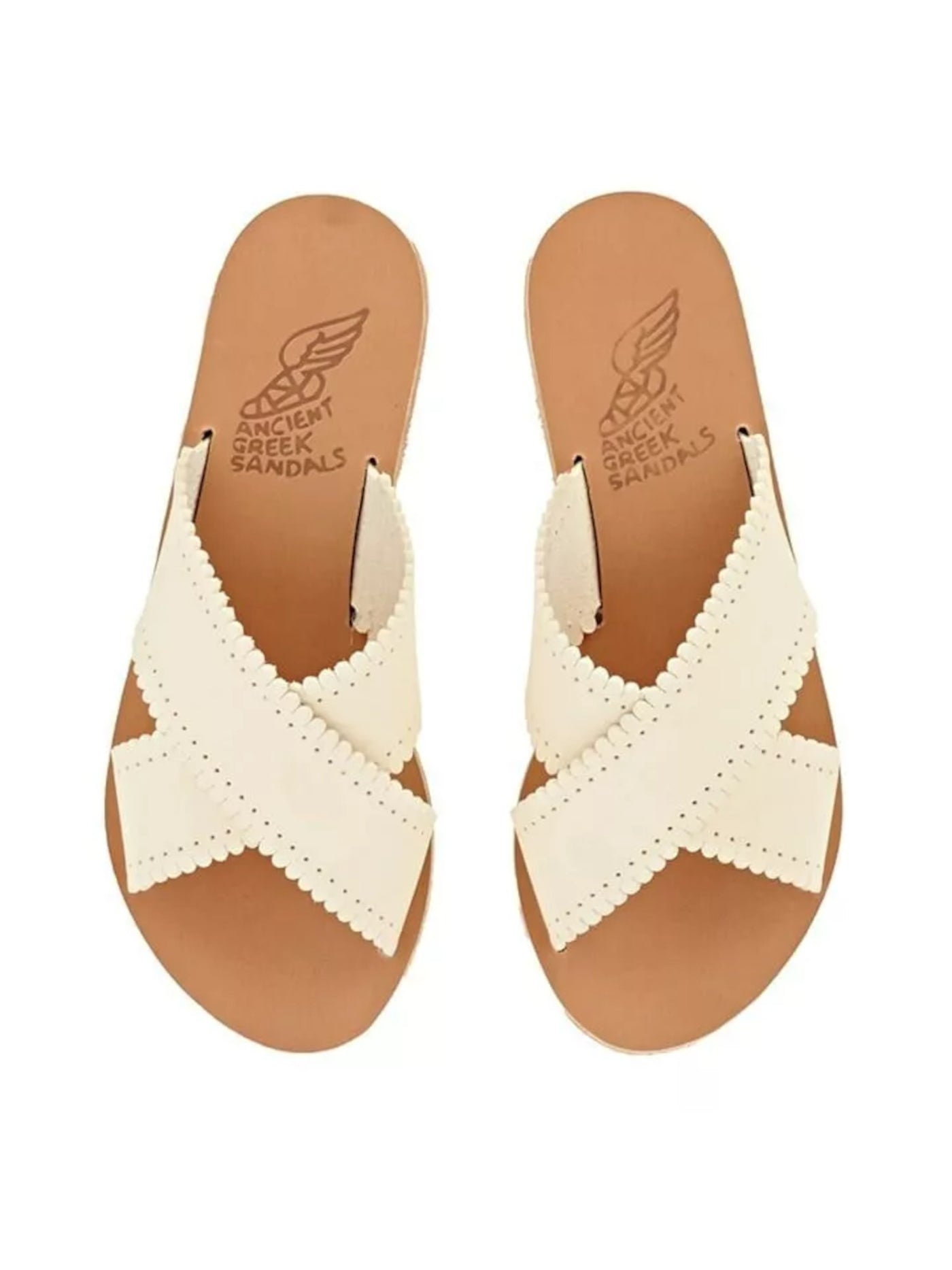 ANCIENT GREEK SANDALS Womens Ivory Criss-Cross Straps Scalloped Philourgos Open Toe Slip On Leather Sandals Shoes 39