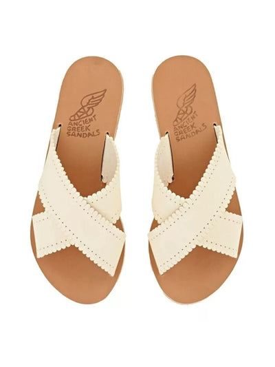 ANCIENT GREEK SANDALS Womens Ivory Criss-Cross Straps Scalloped Philourgos Open Toe Slip On Leather Sandals Shoes 39