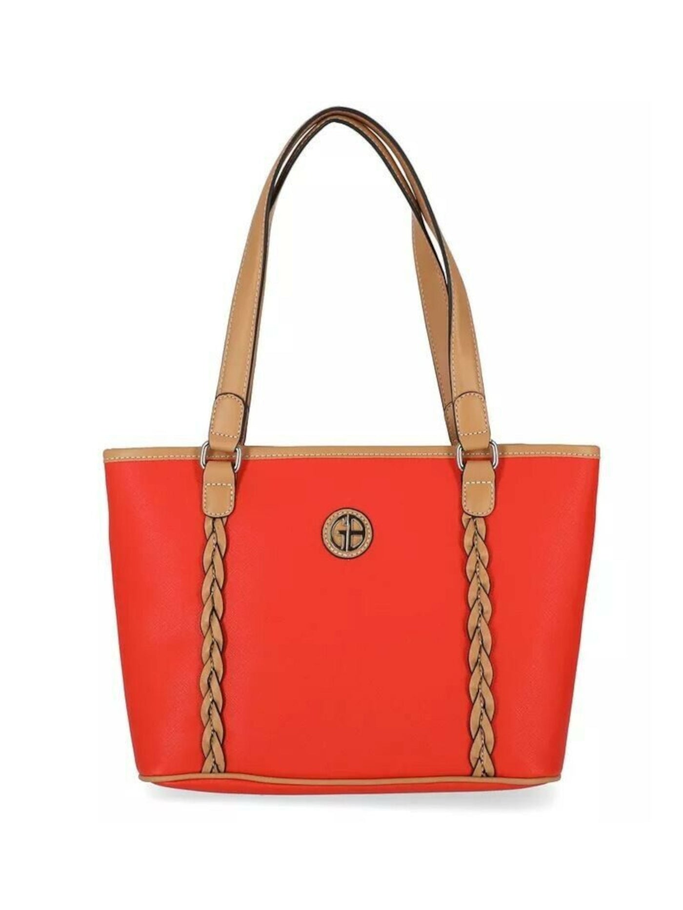 GIANI BERNINI Women's Orange Safiano Color Block PVC Braided Detail Metallic Logo Double Flat Strap Tote Handbag Purse