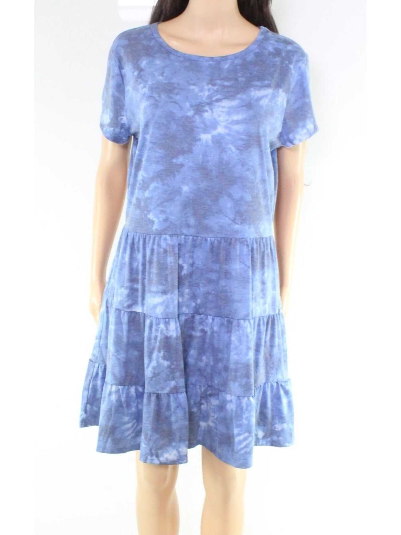 BEBOP Womens Blue Tie Dye Short Sleeve Crew Neck Mini Fit + Flare Dress XXS