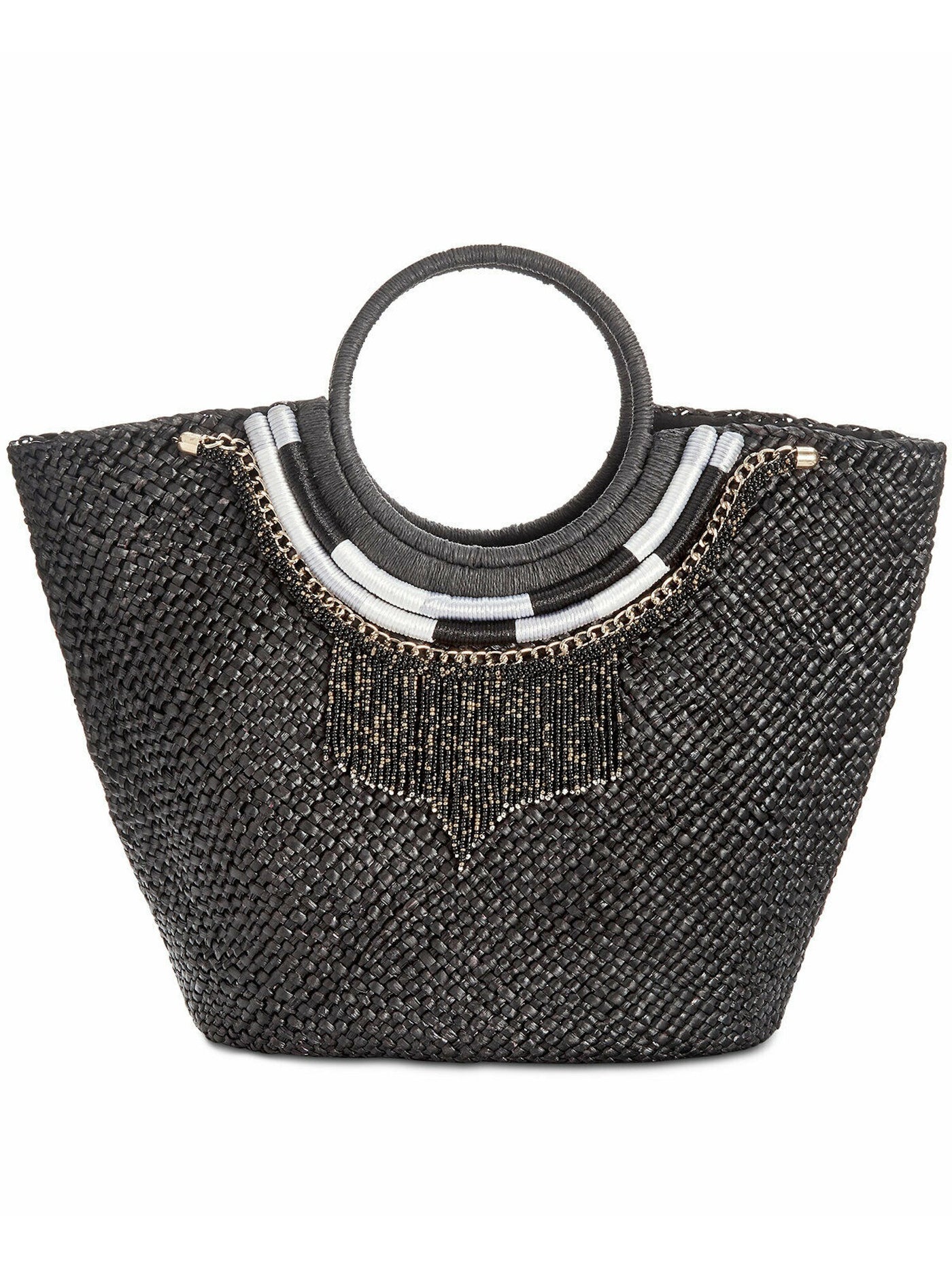 INC Black Beaded Straw Double Flat Strap Tote Handbag Purse