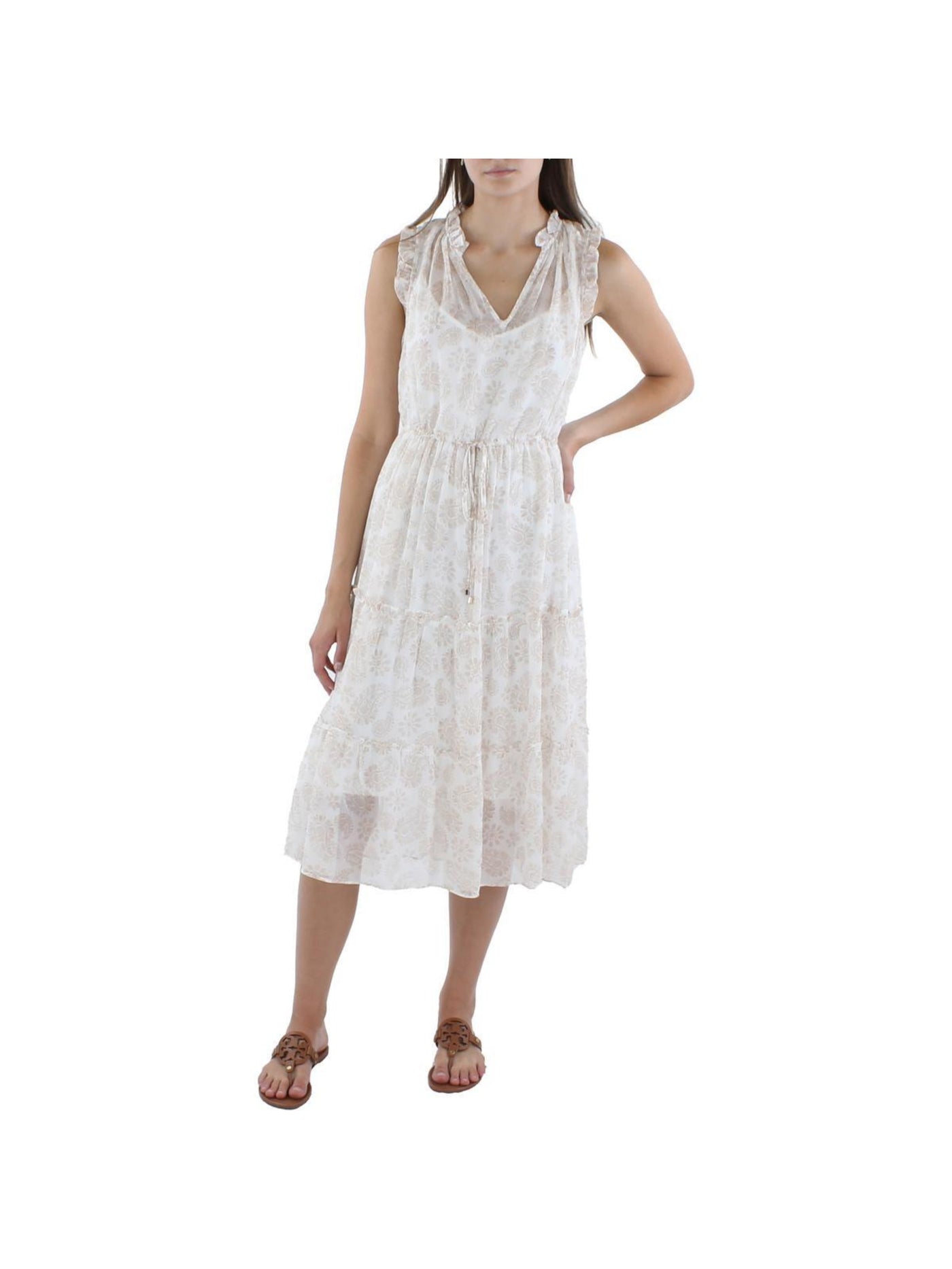 TOMMY HILFIGER Womens Beige Ruffled Lined Layered Pullover Cap Sleeve V Neck Below The Knee Shift Dress 4