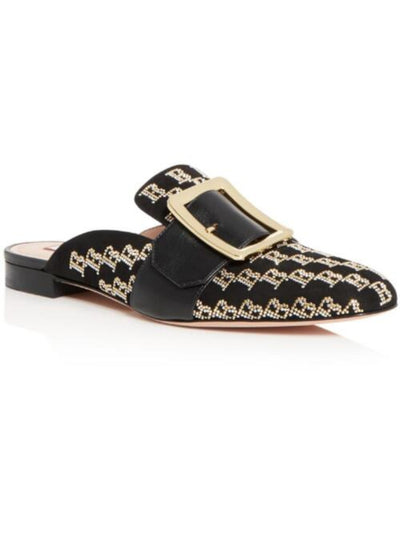 BALLY Womens Black Logo Buckle Accent Rhinestone Janesse Toe Block Heel Slip On Leather Mules 7.5 M