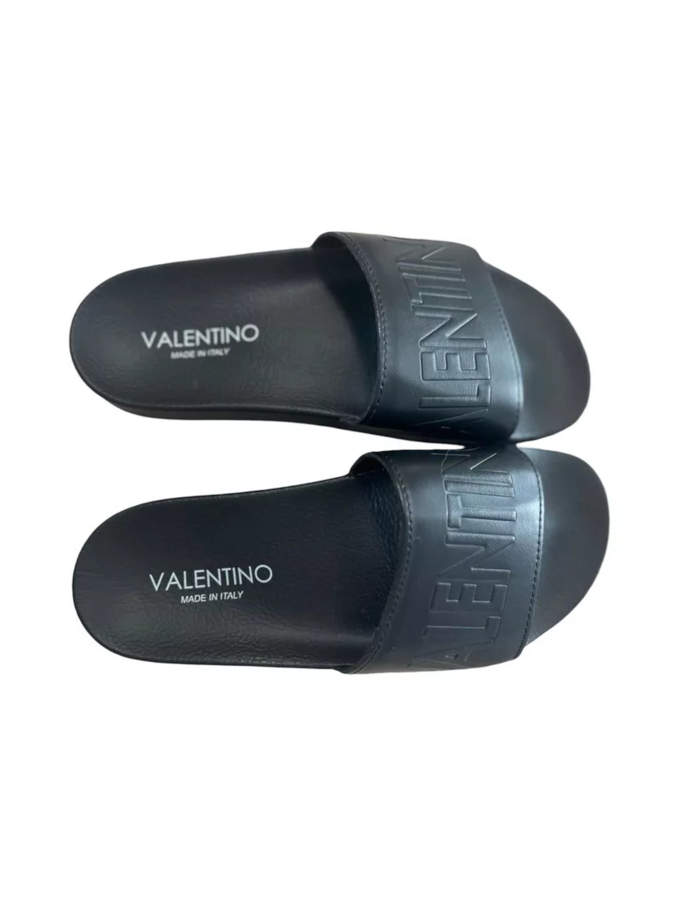 VALENTINO Mens Black Embossed Logo Comfort Cushioned Giano Round Toe Slip On Leather Slide Sandals Shoes 11