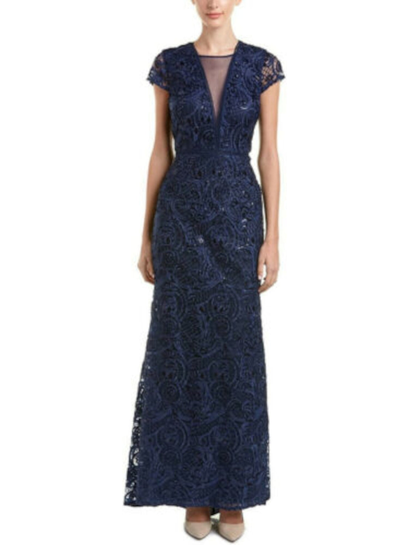 CARMEN MARC VALVO Womens Navy Sequined Cap Sleeve V Neck Full-Length Evening Fit + Flare Dress 4