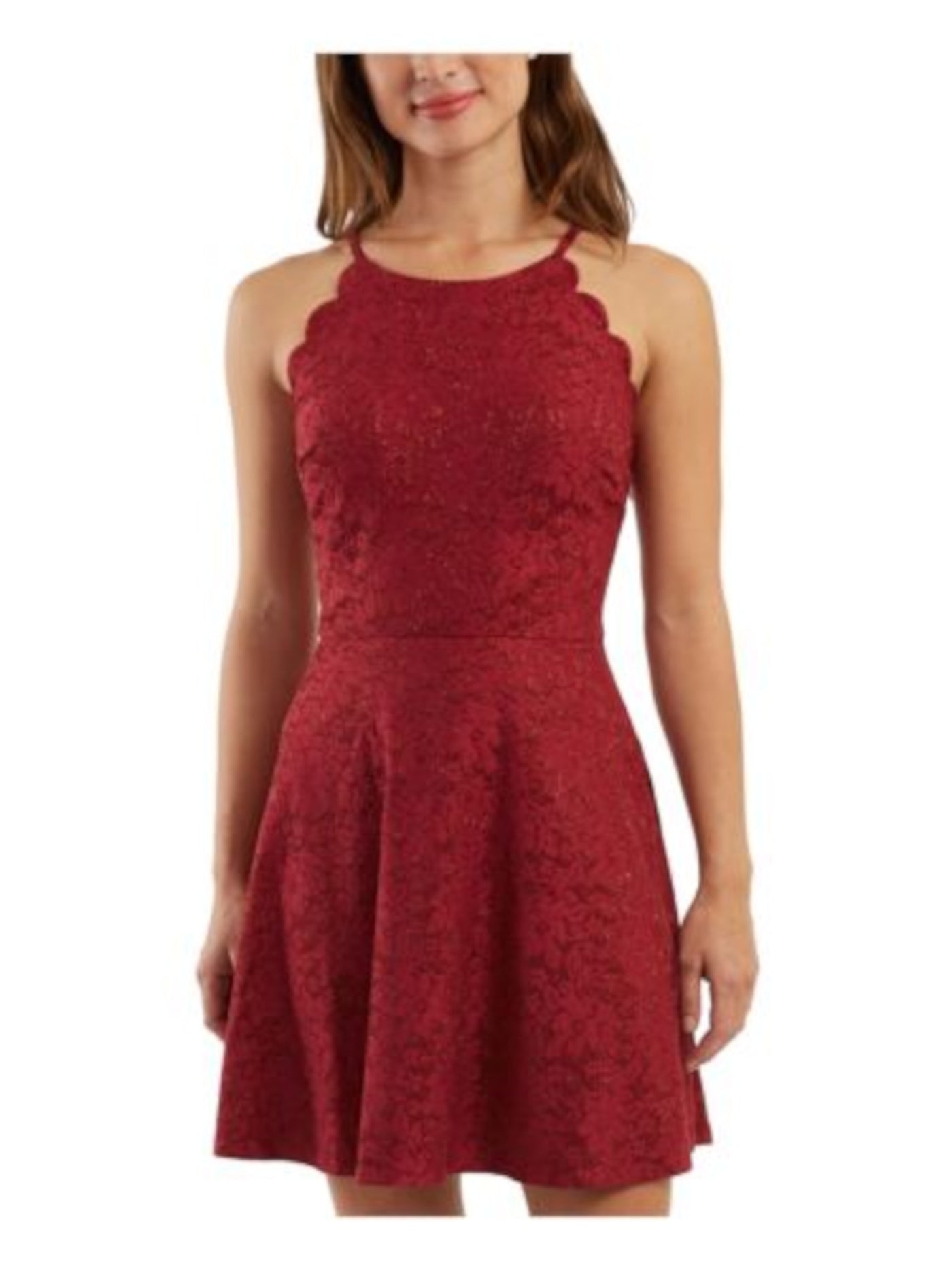 BCX Womens Red Glitter Cut Out Scalloped Floral Sleeveless Halter Short Party Fit + Flare Dress 9