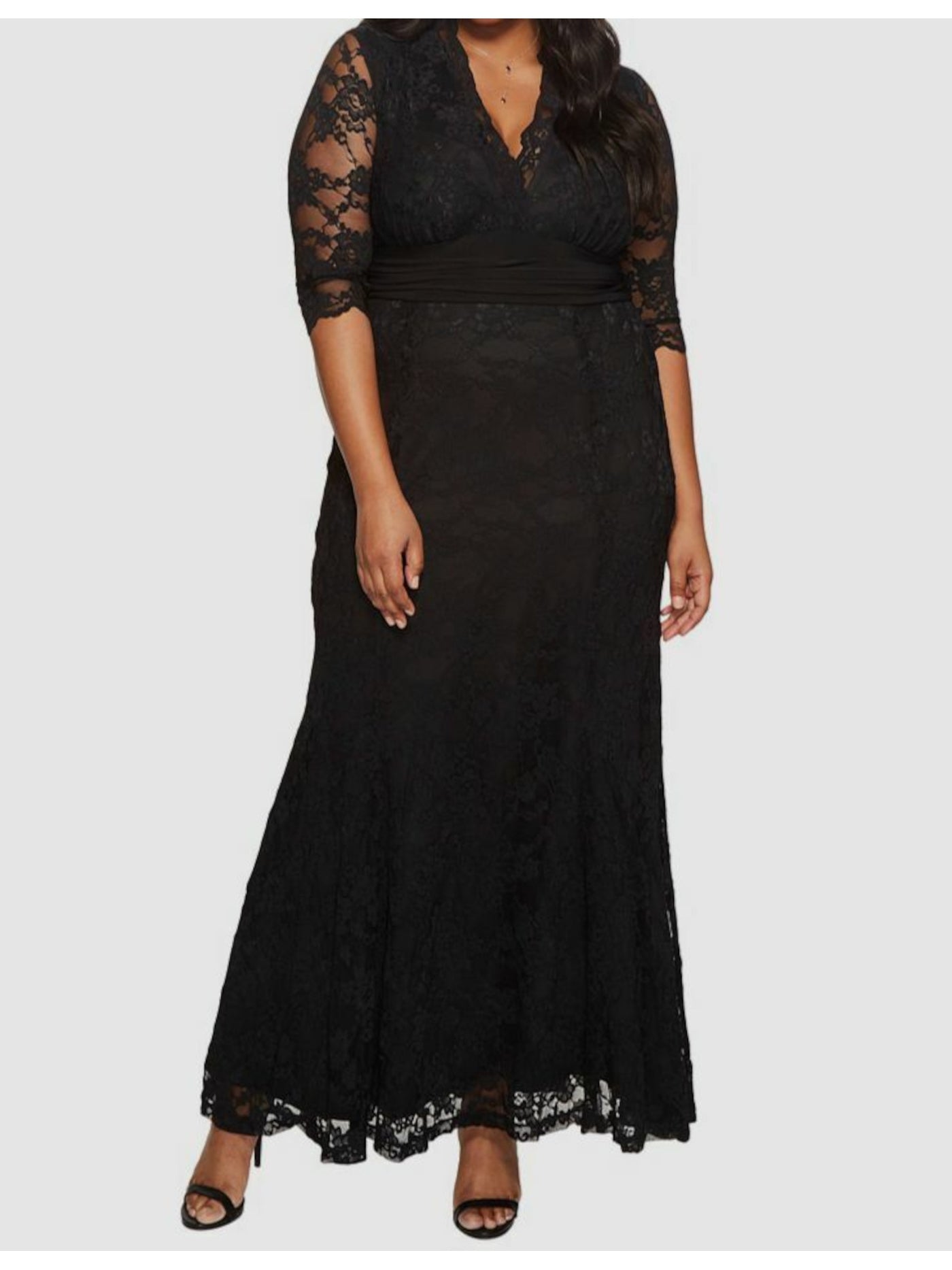 KIYONNA Womens Black Lace Lined Elbow Sleeve Surplice Neckline Maxi Evening Shift Dress Plus 0X