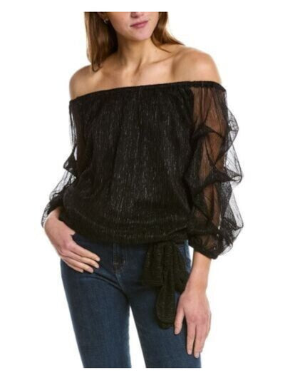 VINCE CAMUTO Womens Black Tie Ruched Lined Elasticized Sheer Balloon Sleeve Off Shoulder Cocktail Top XL