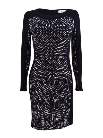 CALVIN KLEIN Womens Black Rhinestone Zippered Lined Stretch Long Sleeve Round Neck Above The Knee Evening Body Con Dress 12