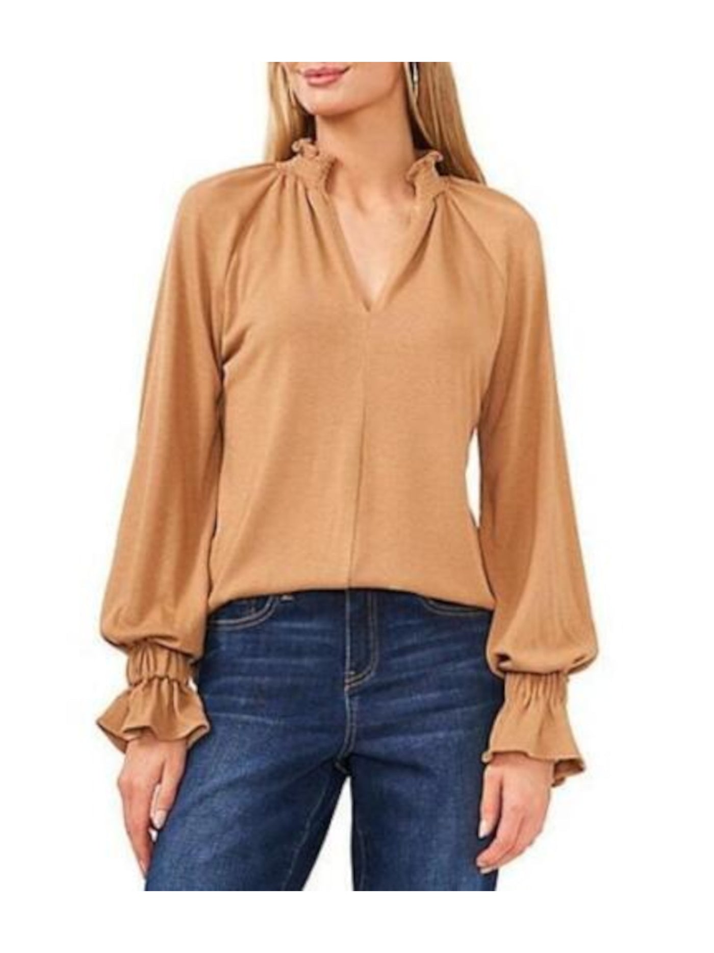 VINCE CAMUTO Womens Beige Smocked Bell Cuffs Long Sleeve Split Sweater XS