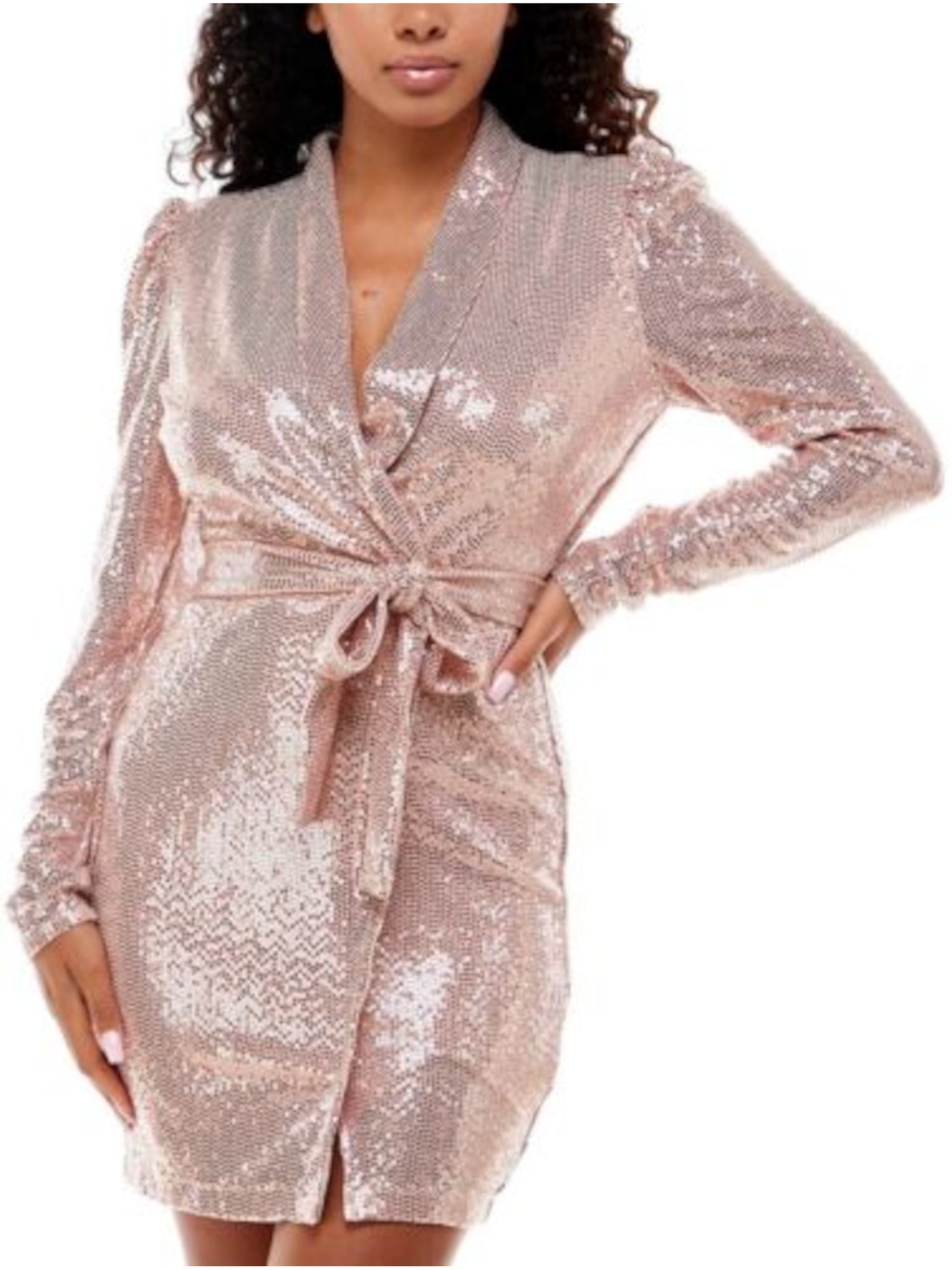 EMERALD SUNDAE Womens Pink Stretch Long Sleeve Short Evening Faux Wrap Dress XS