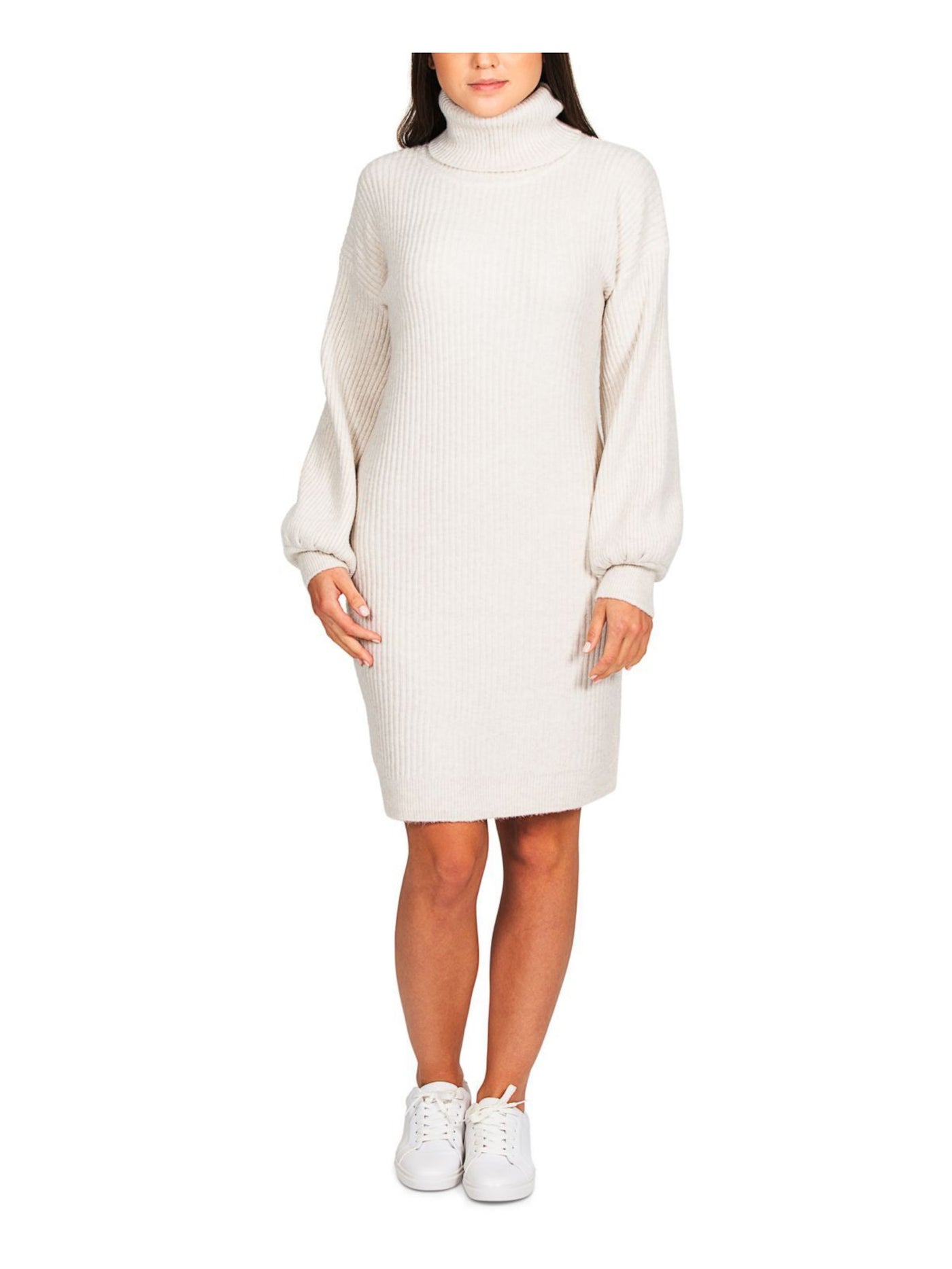 HIPPIE ROSE Womens Beige Ribbed Unlined Balloon Sleeve Turtle Neck Above The Knee Sweater Dress M