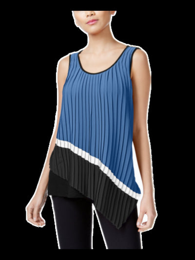 NY COLLECTION Womens Blue Pleated Sleeveless Scoop Neck Top S