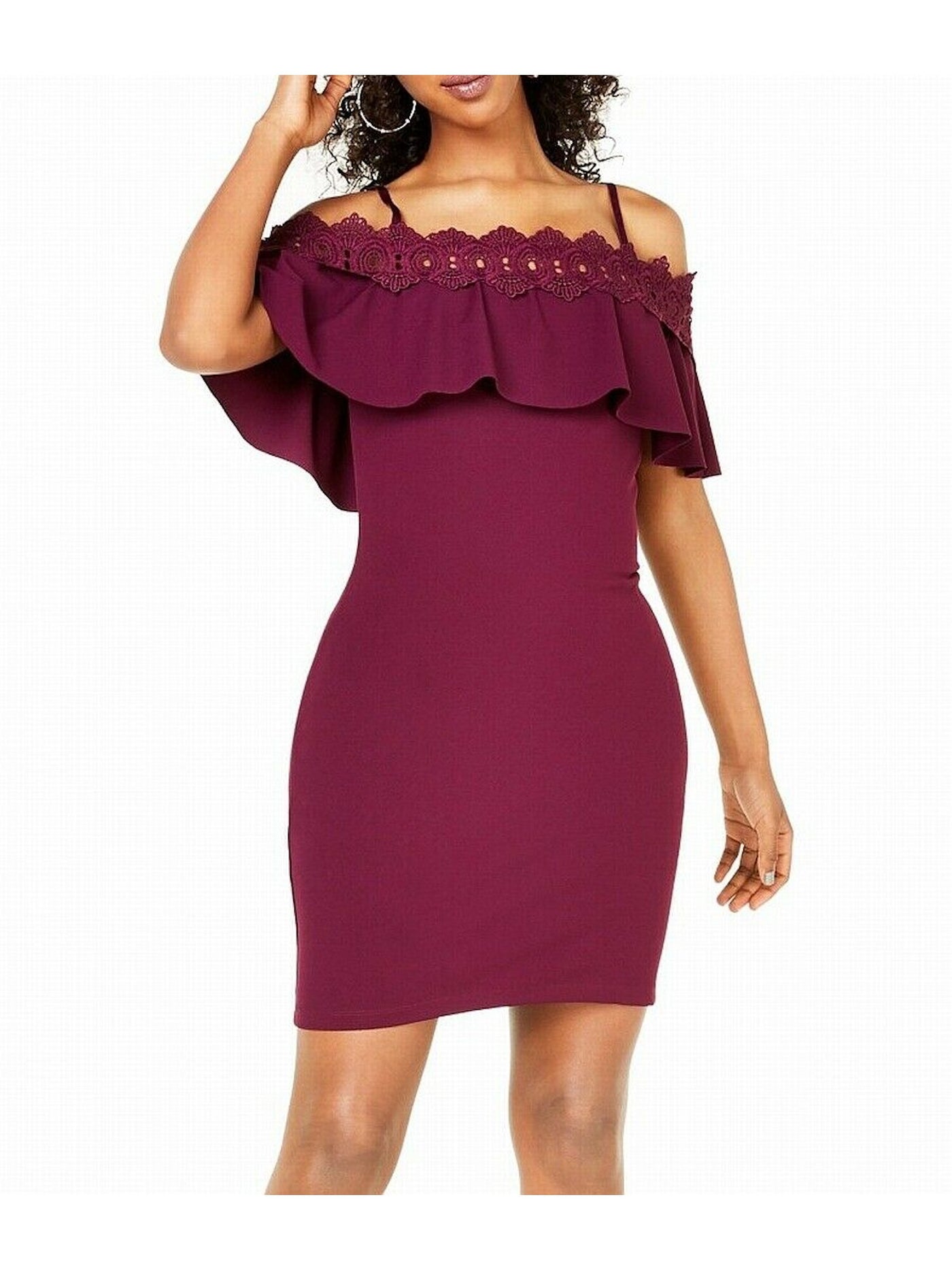 BCX Womens Burgundy Lace Spaghetti Strap Off Shoulder Short Party Sheath Dress 3