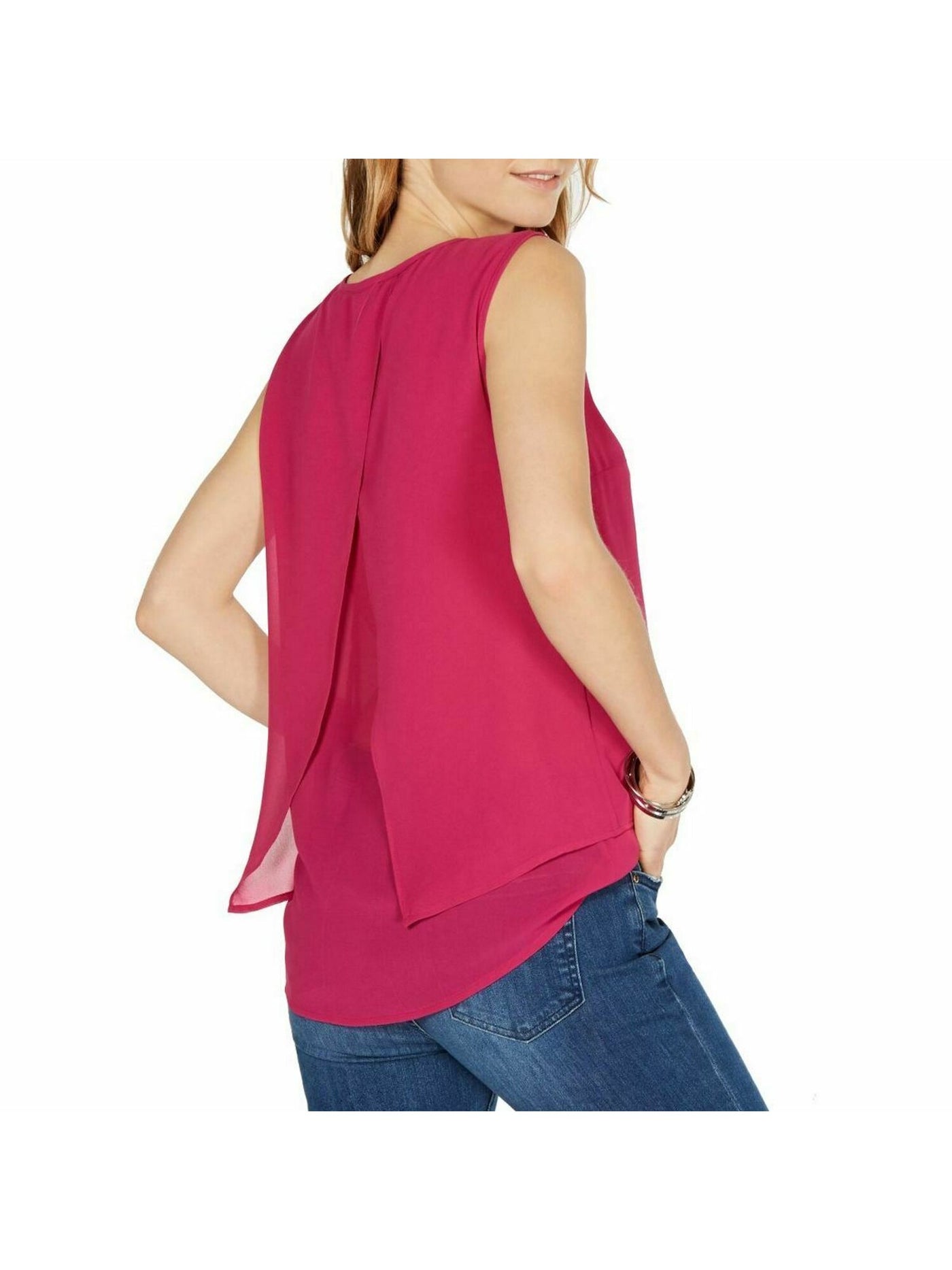 MICHAEL KORS Womens Pink Ruffled Sleeveless Jewel Neck Top Petites P