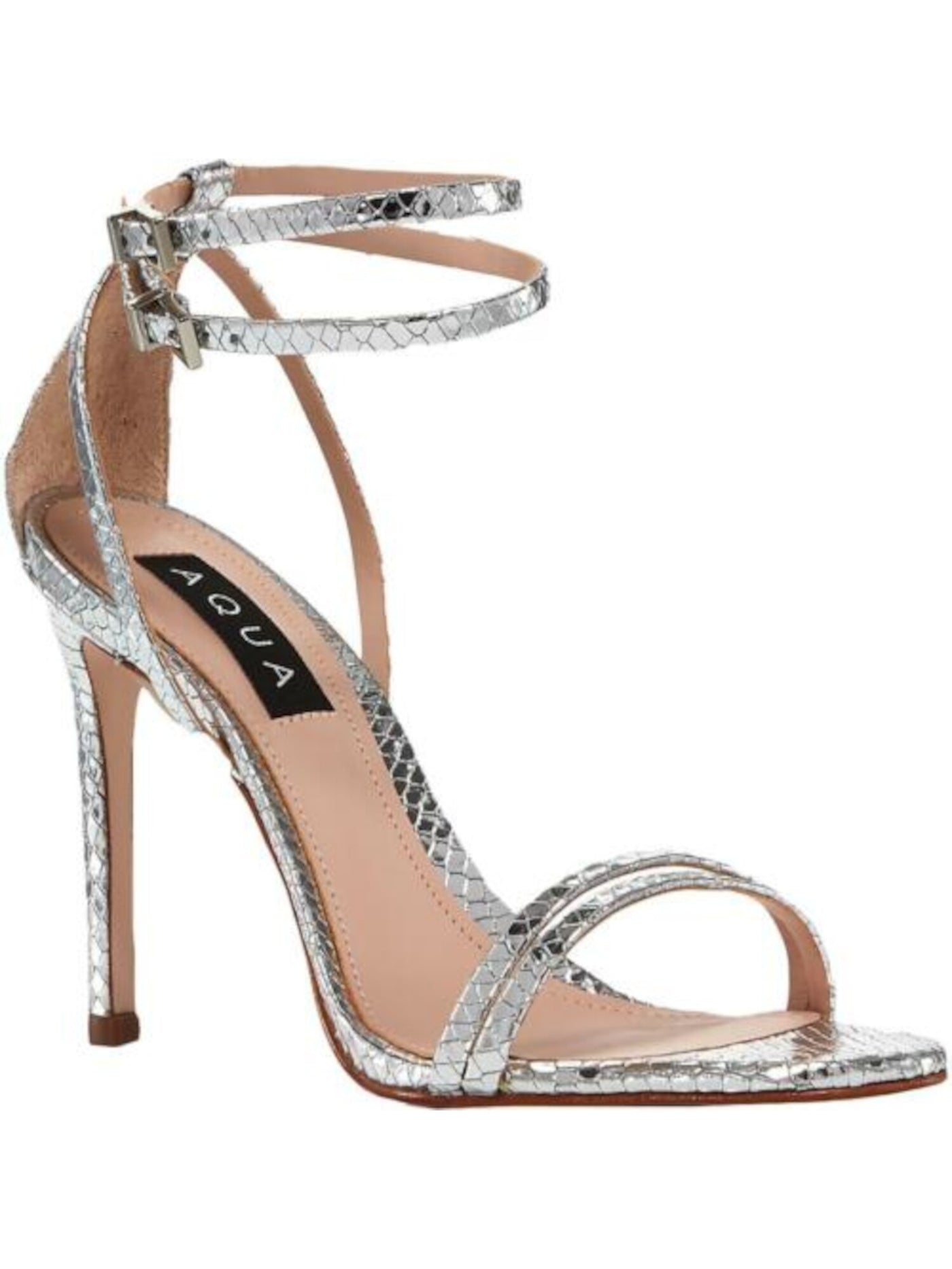 AQUA Womens Silver Scale Embossed Ankle Strap Metallic Silvana Round Toe Stiletto Buckle Dress Sandals Shoes 8 B