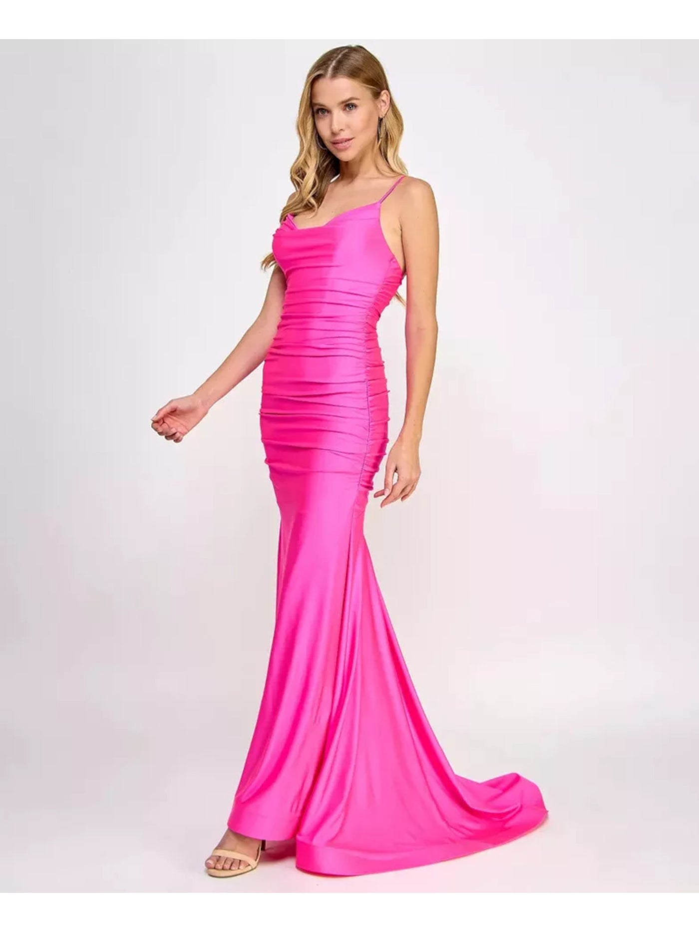 B DARLIN Womens Pink Zippered Fitted Shirred Small Train Spaghetti Strap Cowl Neck Full-Length Prom Gown Dress Juniors 15\16