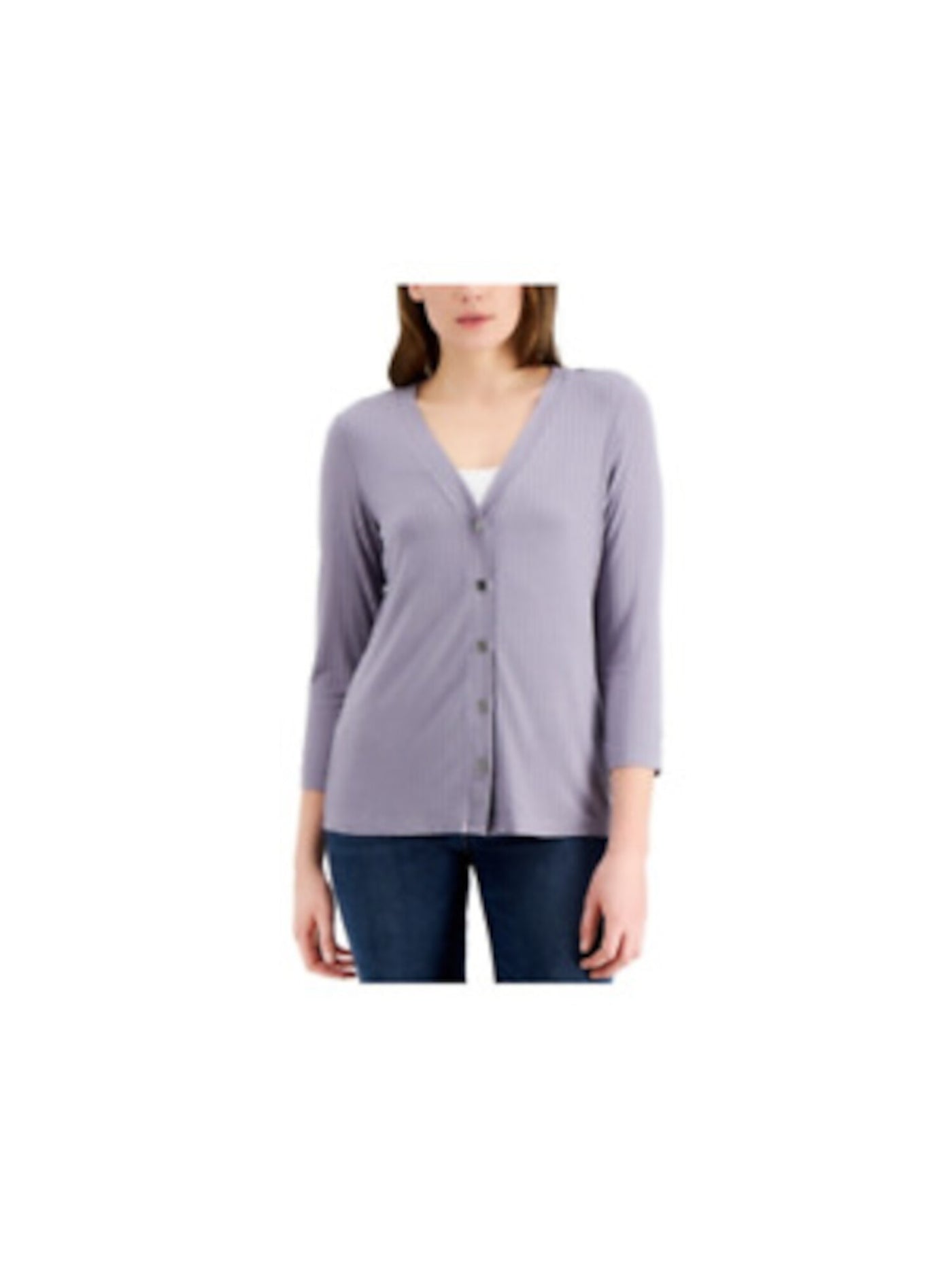FEVER Womens Long Sleeve V Neck Ribbed Knit Wear To Work Button Up Top