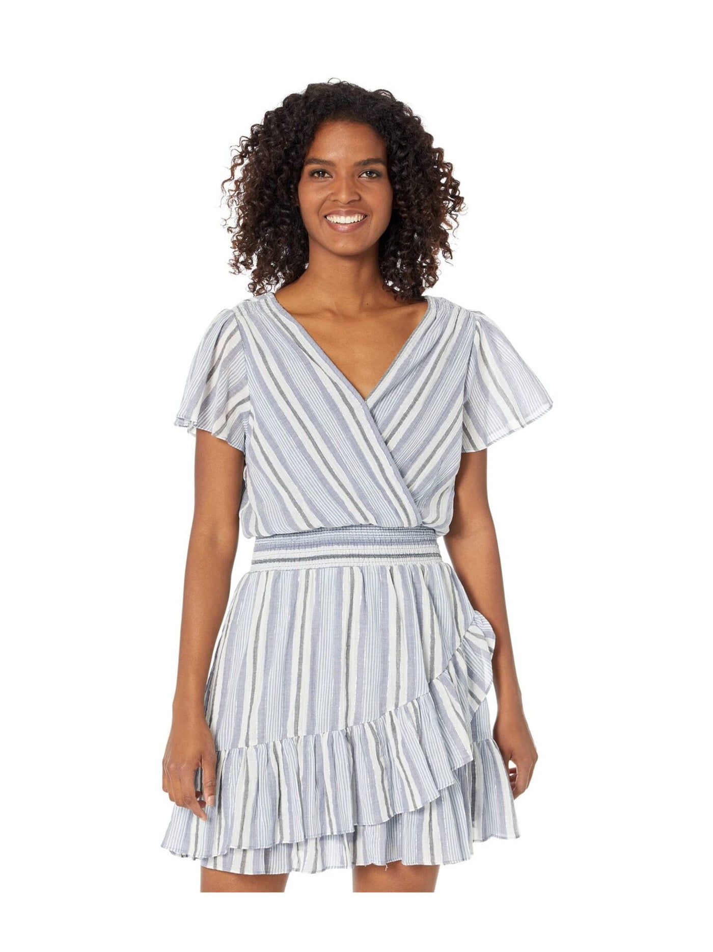 MICHAEL KORS Womens Blue Smocked Sheer Pullover Ruffled Lined Striped Flutter Sleeve Surplice Neckline Knee Length Faux Wrap Dress Plus 1X