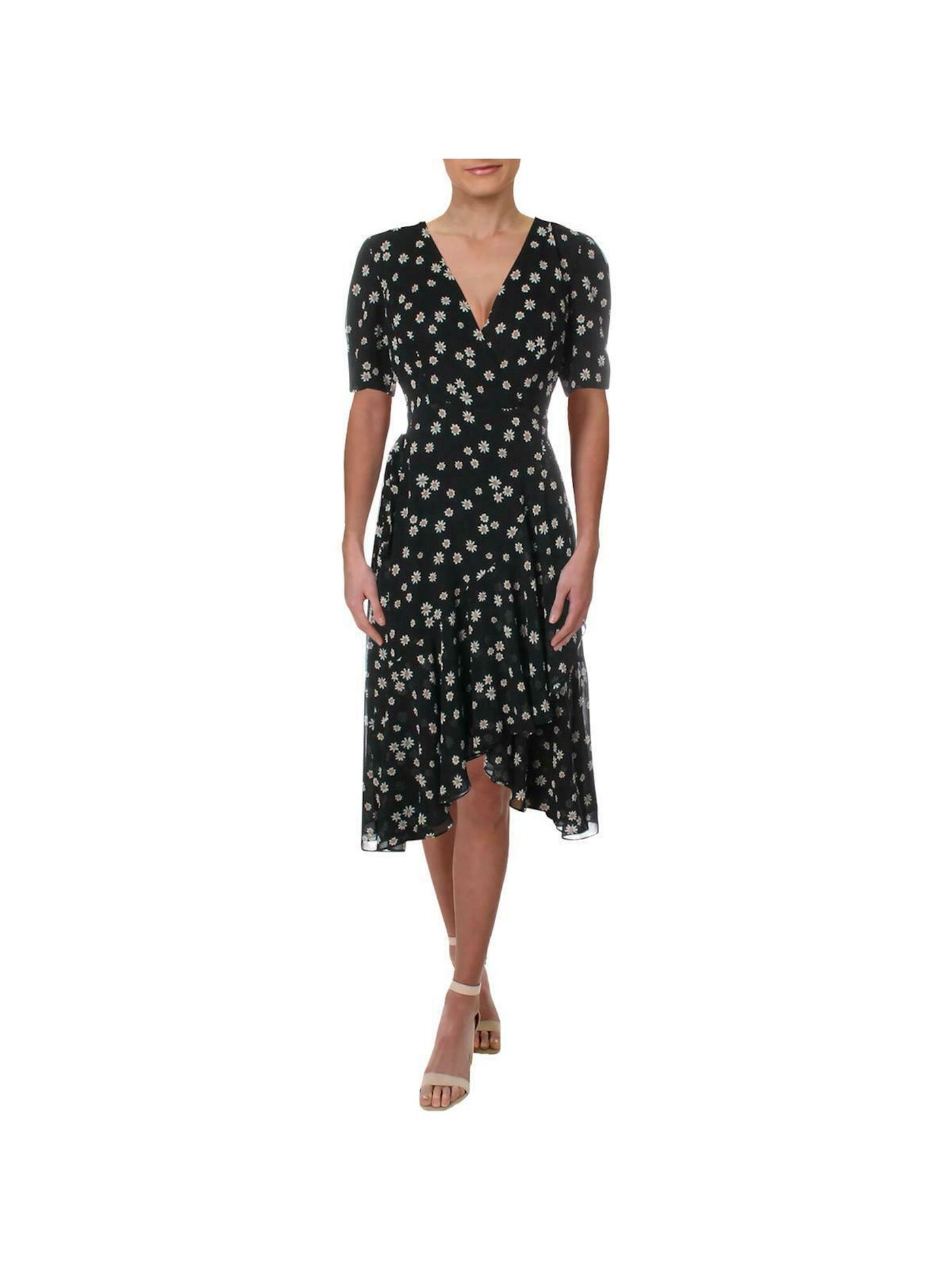 FAME AND PARTNERS Womens Black Floral Short Sleeve V Neck Below The Knee Evening Fit + Flare Dress 14