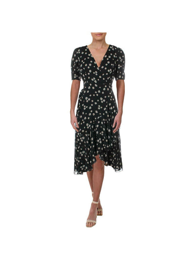FAME AND PARTNERS Womens Black Floral Short Sleeve V Neck Below The Knee Evening Fit + Flare Dress 14