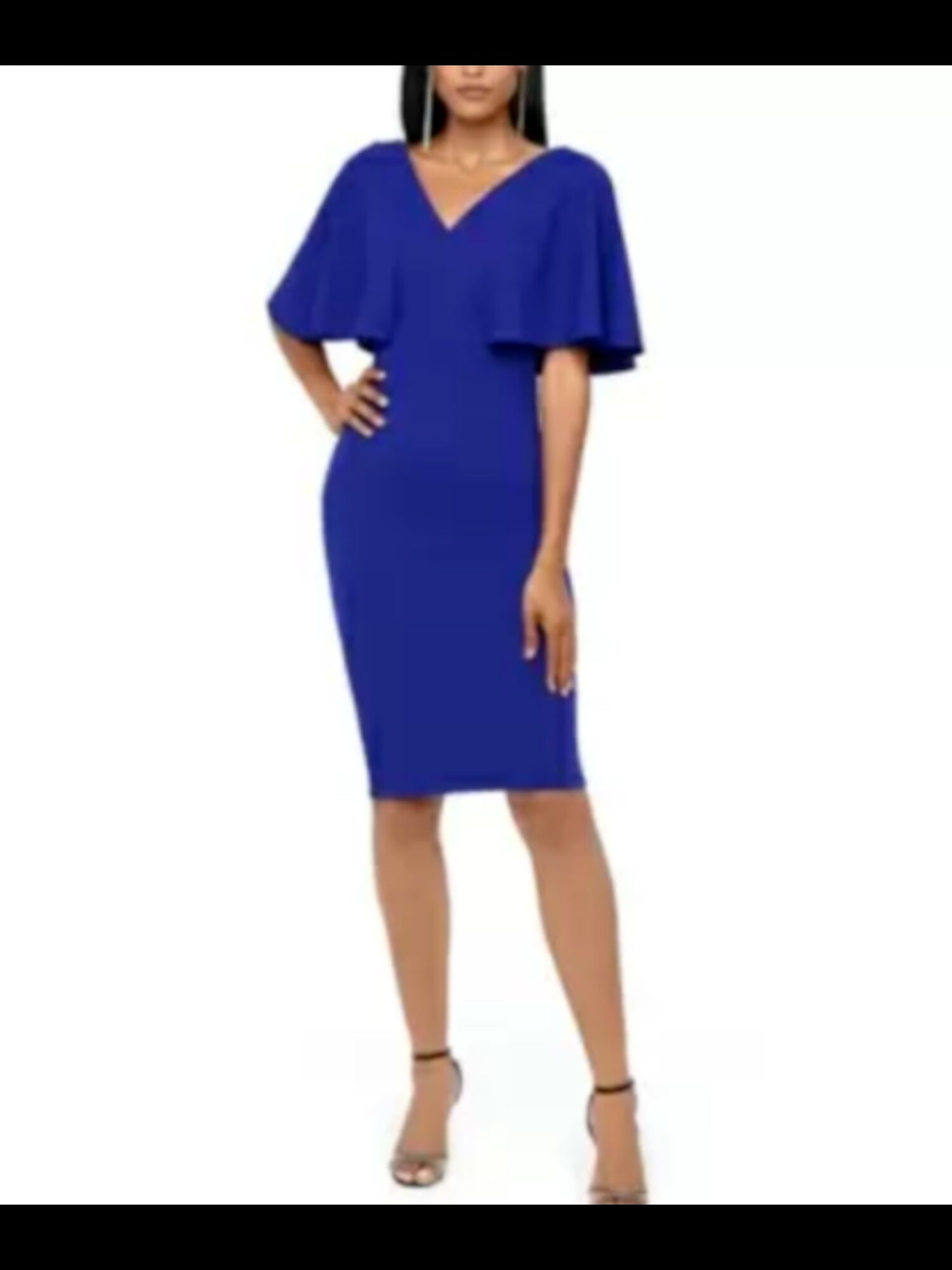 BETSY & ADAM Womens Blue Flutter Sleeve V Neck Knee Length Cocktail Sheath Dress 2