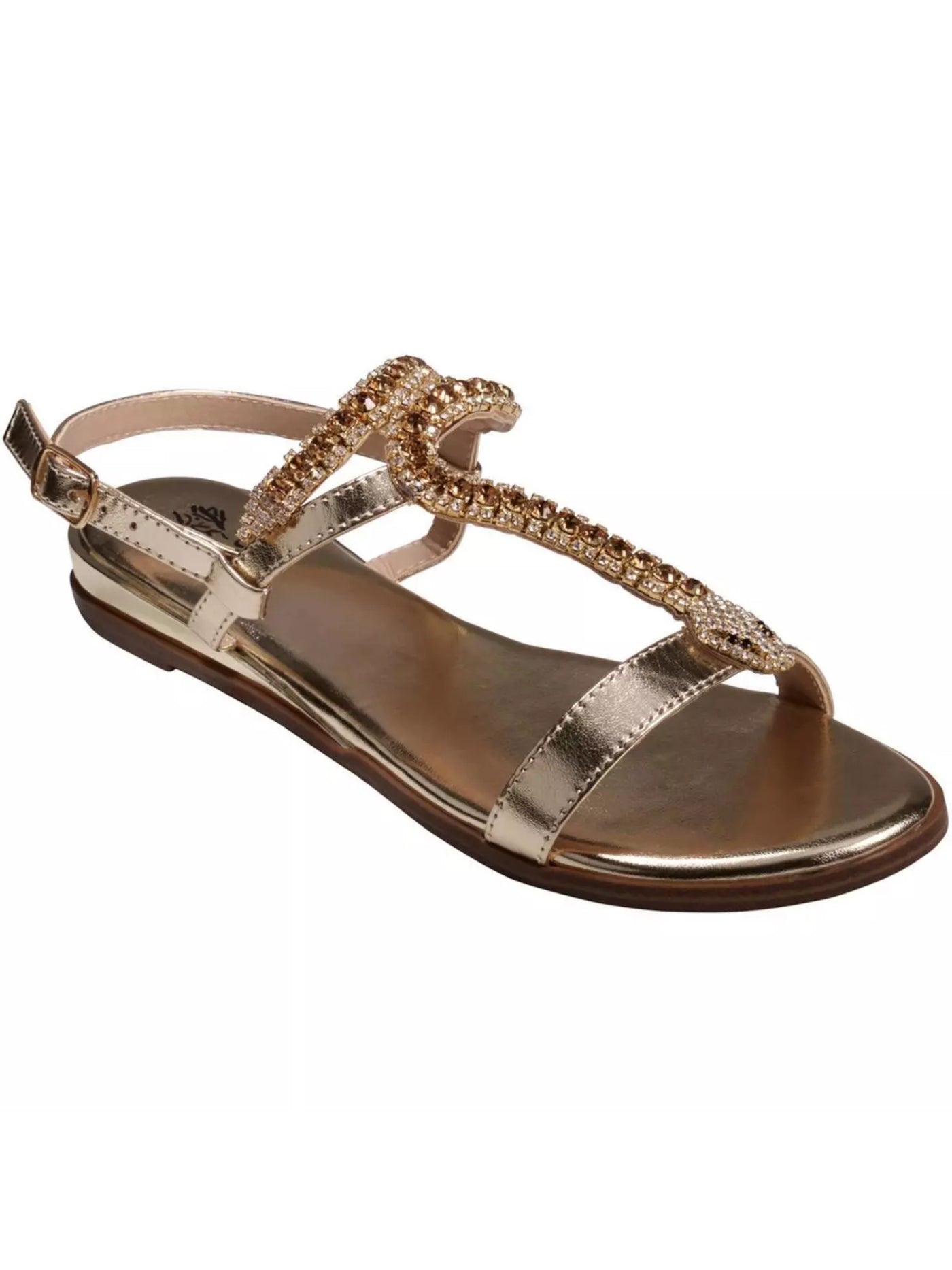 G.C. SHOES Womens Gold Embellished Snake Ornament T-Strap Cushioned Slip Resistant Lidia Round Toe Buckle Slingback Sandal 38