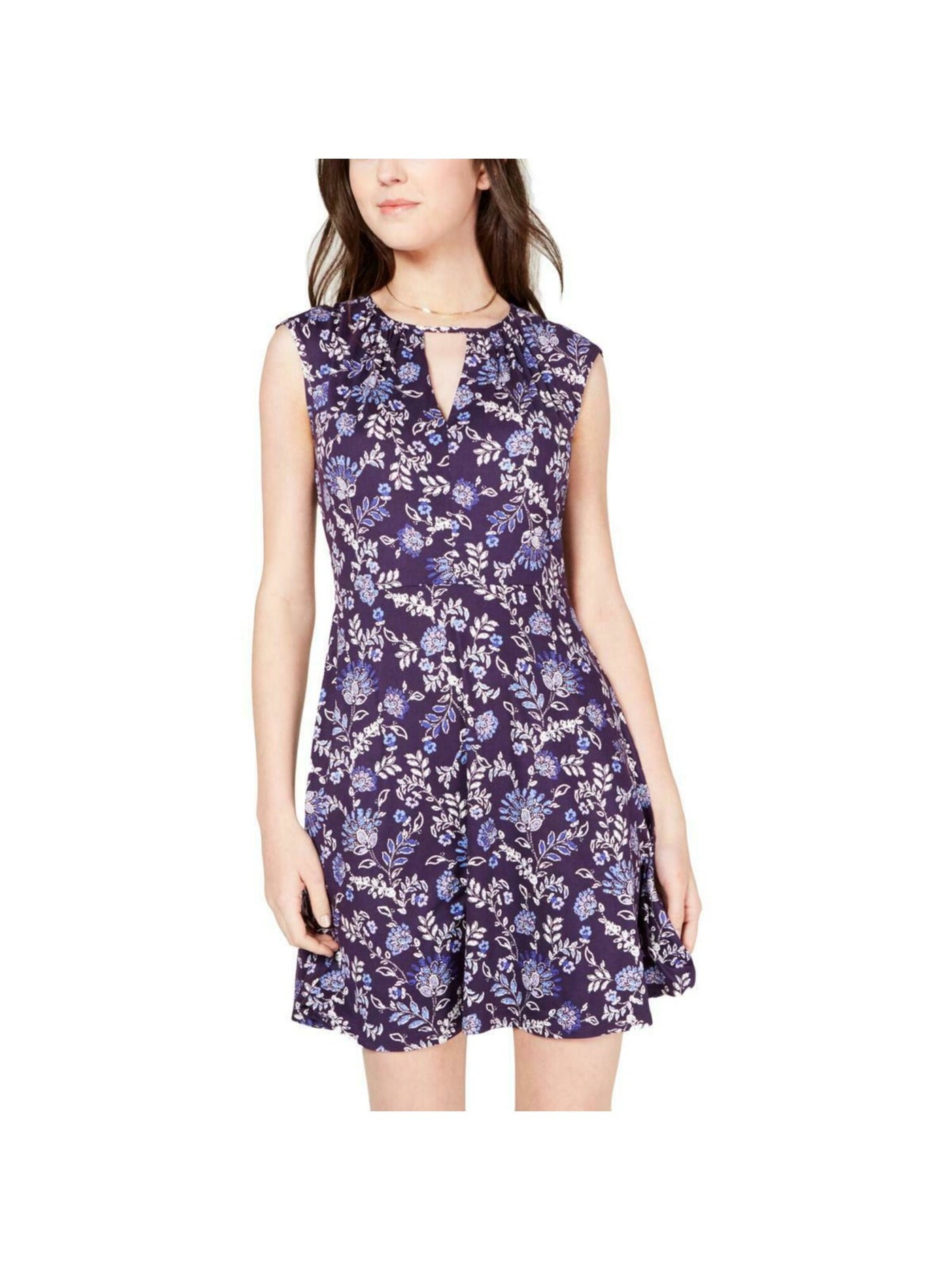 BEBOP Womens Purple Floral Cap Sleeve Keyhole Mini Sheath Dress XXS