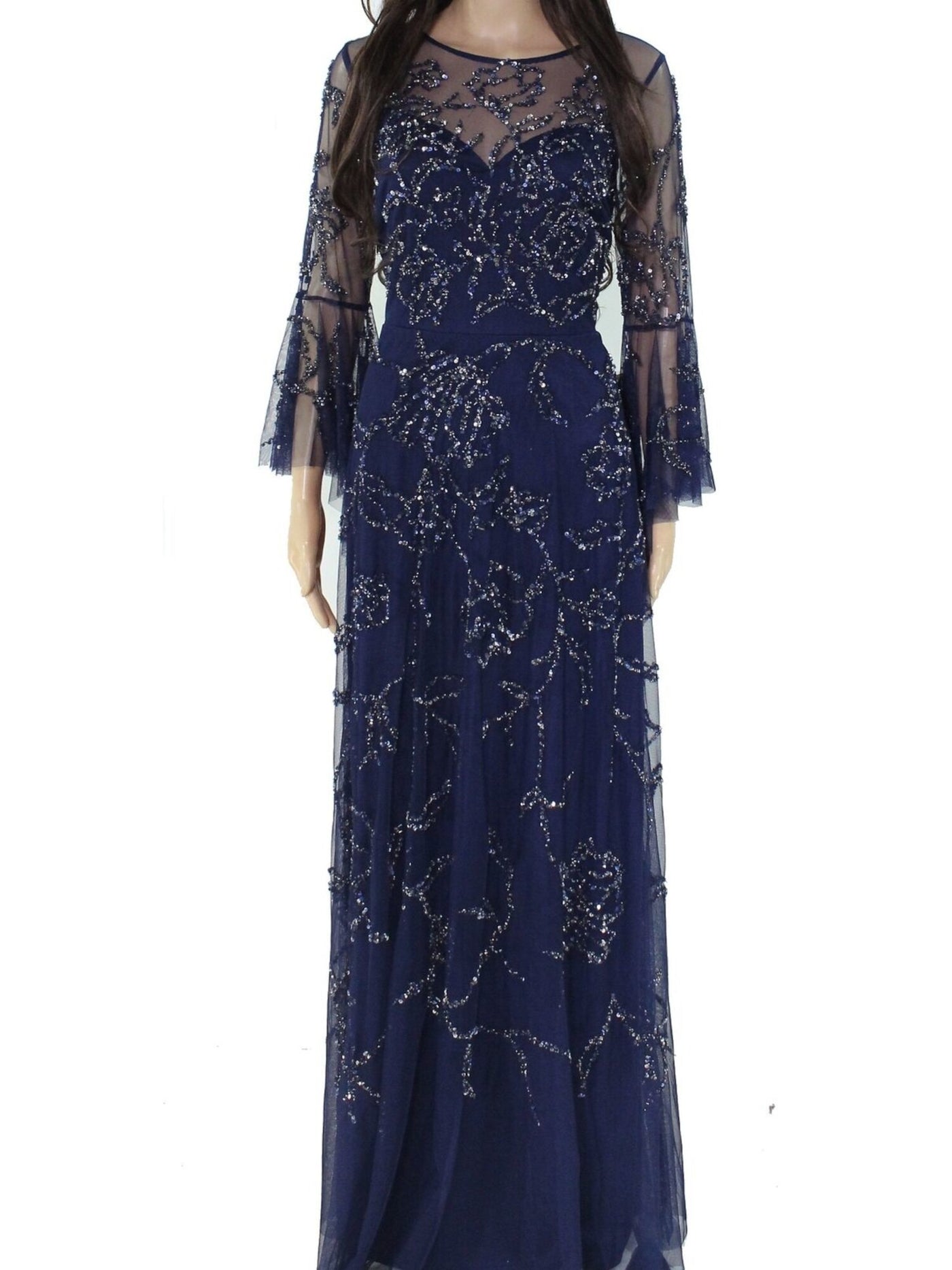 AIDAN MATTOX Womens Navy Sequined Sheer Gown Bell Sleeve Illusion Neckline Full-Length Formal Dress 4