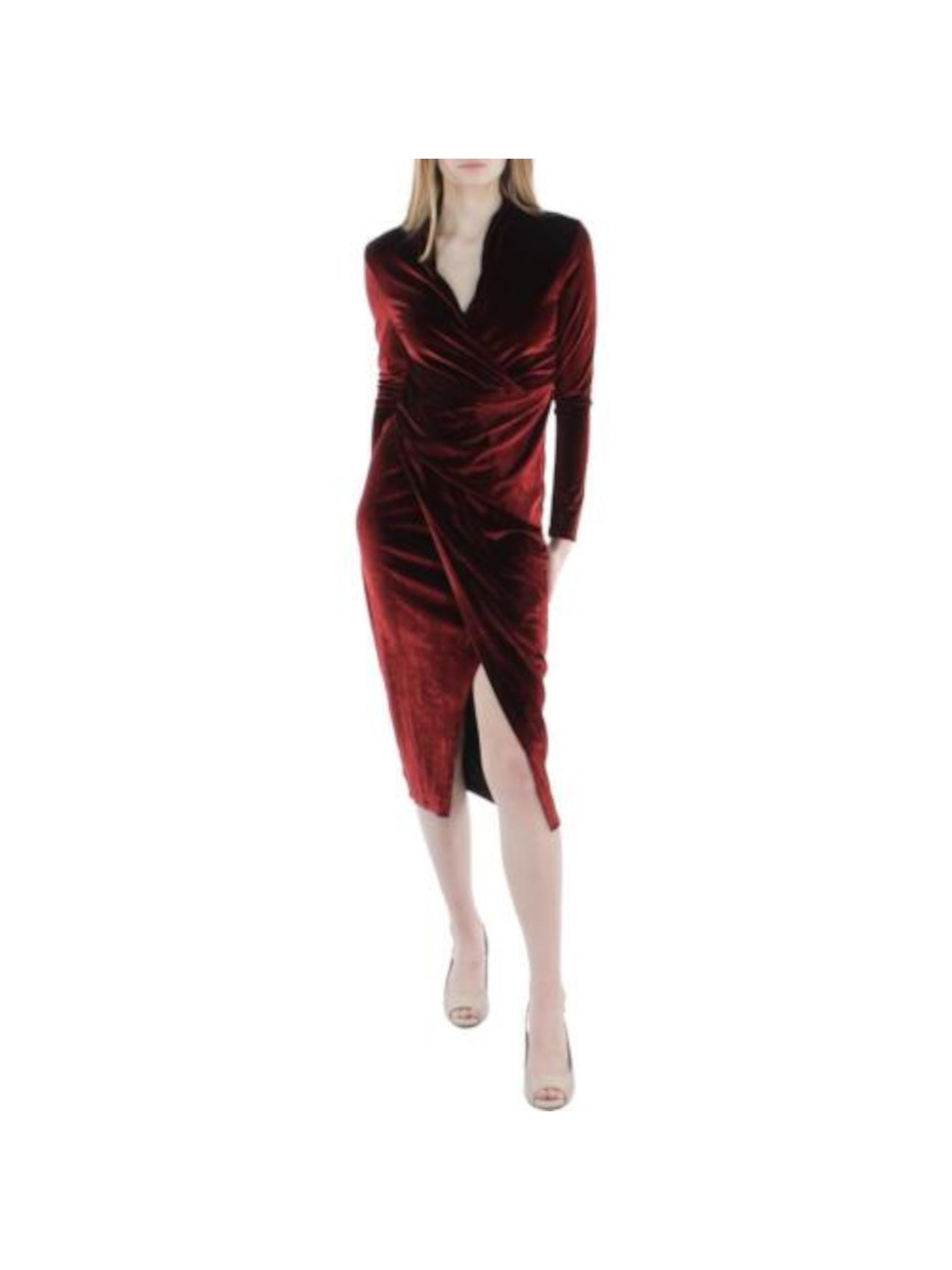 RACHEL RACHEL ROY Womens Burgundy Stretch Long Sleeve Surplice Neckline Midi Party Faux Wrap Dress S