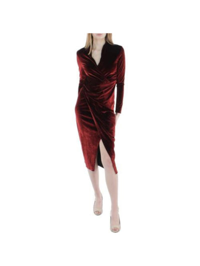 RACHEL RACHEL ROY Womens Burgundy Stretch Long Sleeve Surplice Neckline Midi Party Faux Wrap Dress S