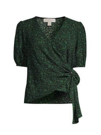 MICHAEL MICHAEL KORS Womens Green Pleated Ring Detail Elastic Cuffs Printed Short Sleeve Surplice Neckline Wear To Work Top Petites P\XL