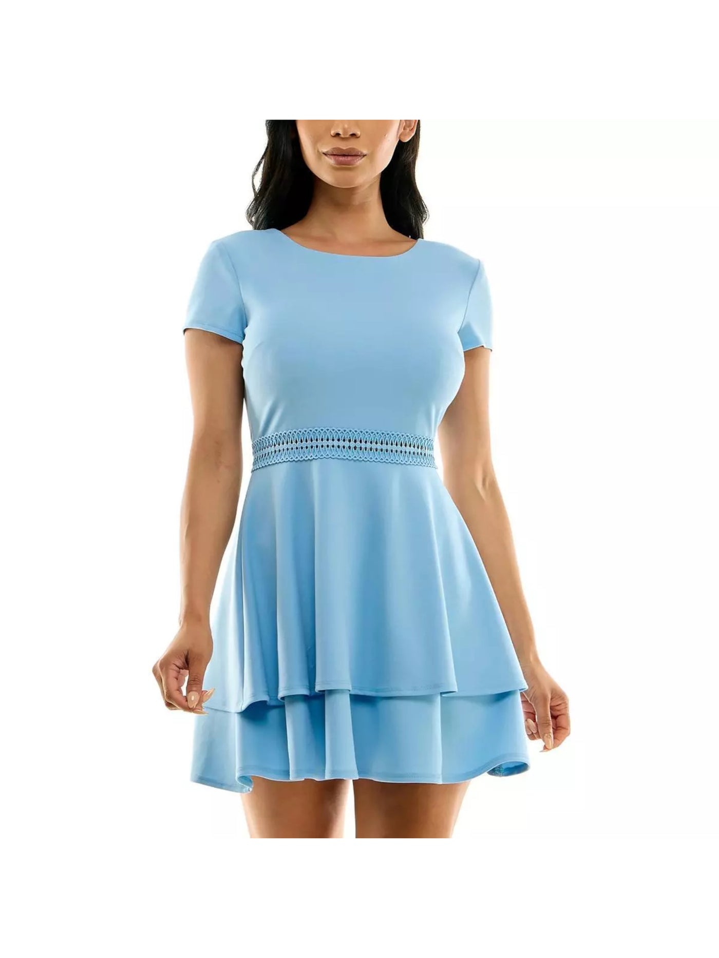 B DARLIN Womens Light Blue Zippered Buttoned Keyhole Tiered Skirt Op Short Sleeve Crew Neck Short Party Fit + Flare Dress 5\6