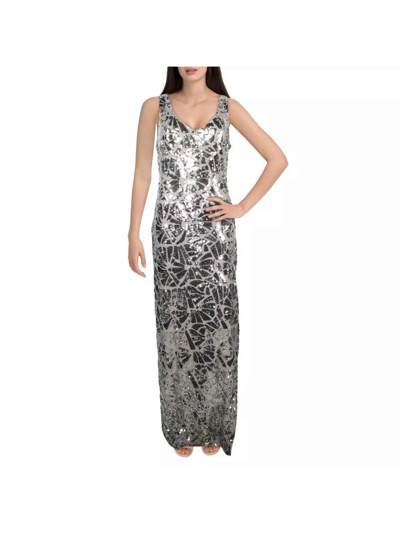 DONNA KARAN NEW YORK Womens Silver Mesh Sequined Slitted Lined Darted Pull-over Geometric Sleeveless Scoop Neck Full-Length Formal Sheath Dress 2